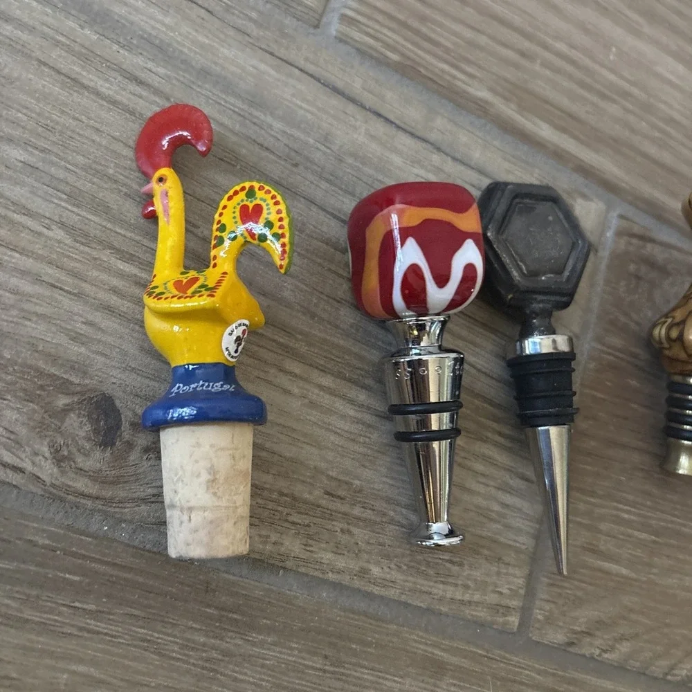 Wine/Liquor Lot of 4 Stoppers Metal Wooden Handblown Glass Ceramic Chicken